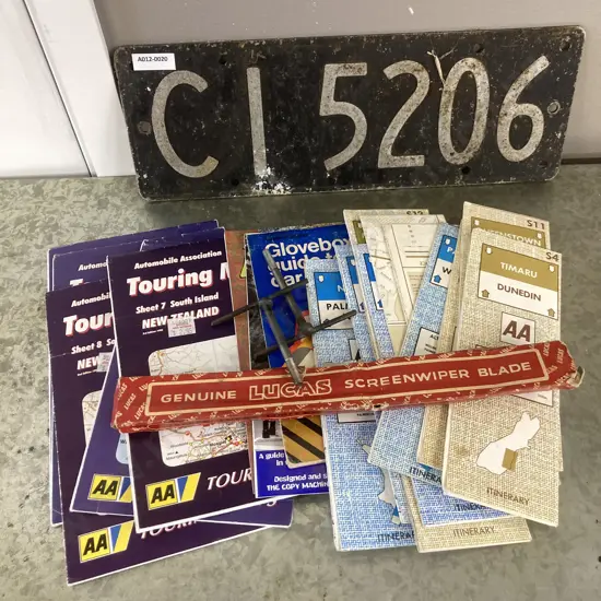Vintage Items - LUCAS B1841 Screenwiper Blade, AA New Zealand Maps, Number Plate, Glovebox Guide To Car Troubles Etc