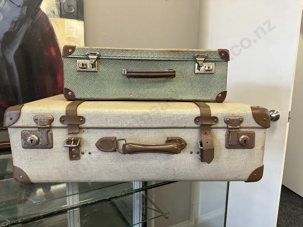 Vintage Suitcase Brown & Cream With Brown Leather Straps (af) & Small Green & Cream Patterned Case Image 1++