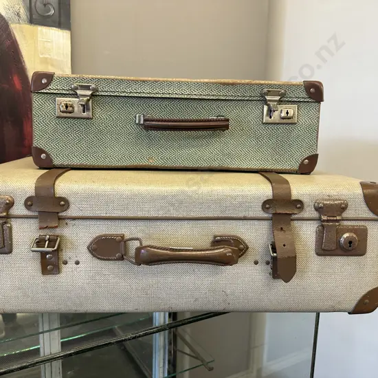 Vintage Suitcase Brown & Cream With Brown Leather Straps (af) & Small Green & Cream Patterned Case