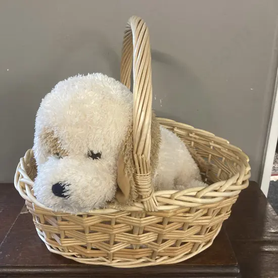 Soft Toy Puppy & Large Wicker Basket. H44 W50 D45cm