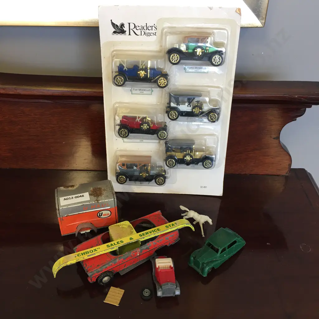 Vintage Tri-ang Plastic Friction Car, Nylint Box Trailer Body, Readers Digest Model Antique Car Set Etc Image 1++