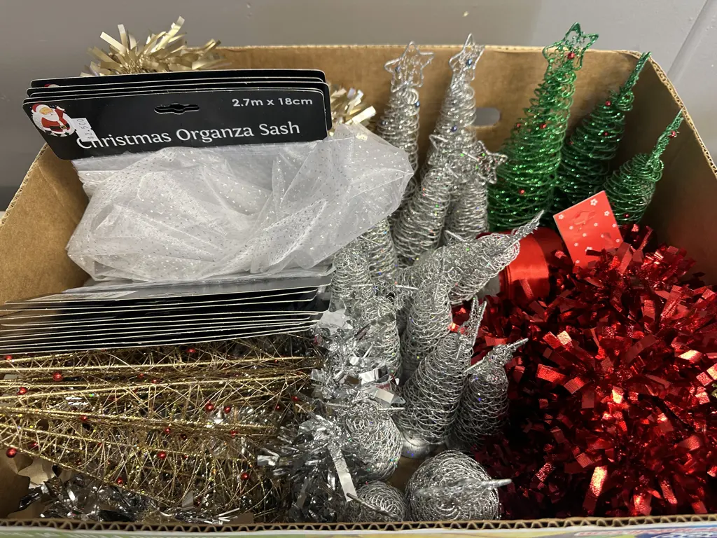 Box Of Small Christmas Trees, Organza Sash, Etc Image 1++