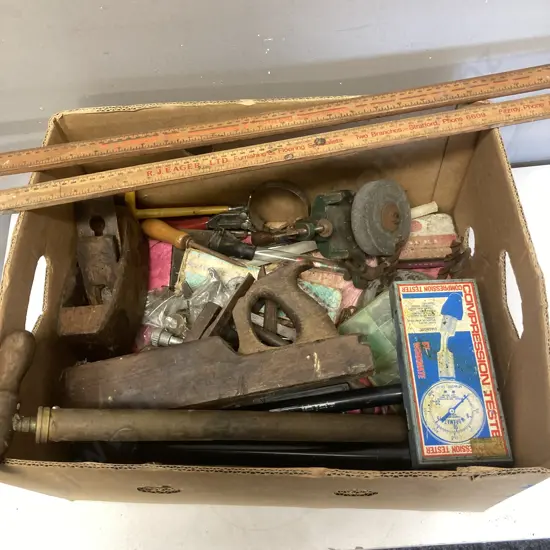 Box Lot Tools, Wood Planes, Wooden Rulers Etc