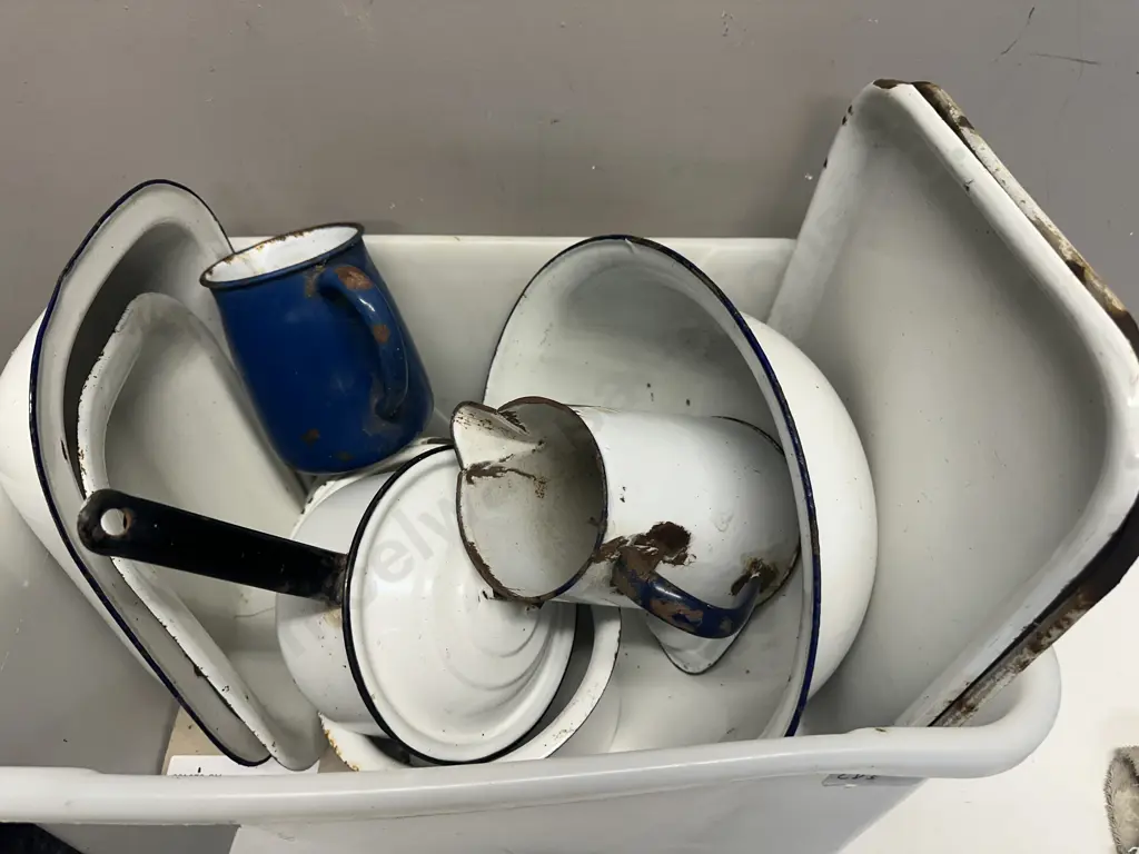 Clear Bin Of Assorted White & Blue Enamel Ware Image 1++