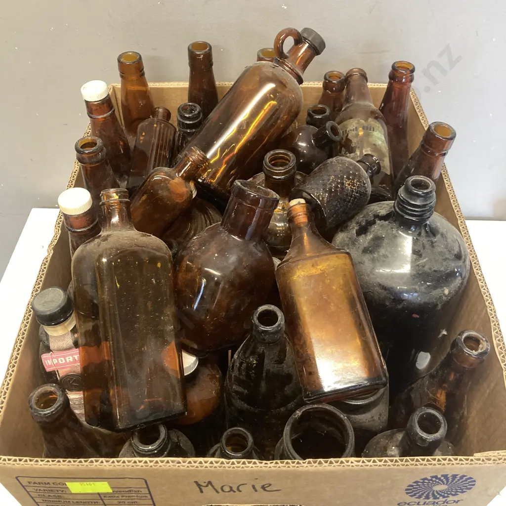 Box Lot Amber Glass Bottles Etc Image 1++