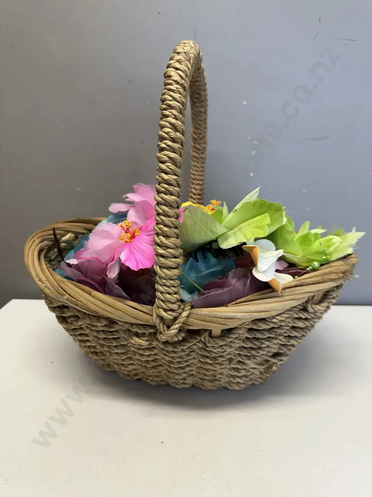 Handled Cane Basket With Floral Clips Image 1++