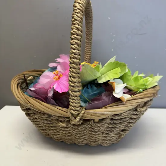 Handled Cane Basket With Floral Clips