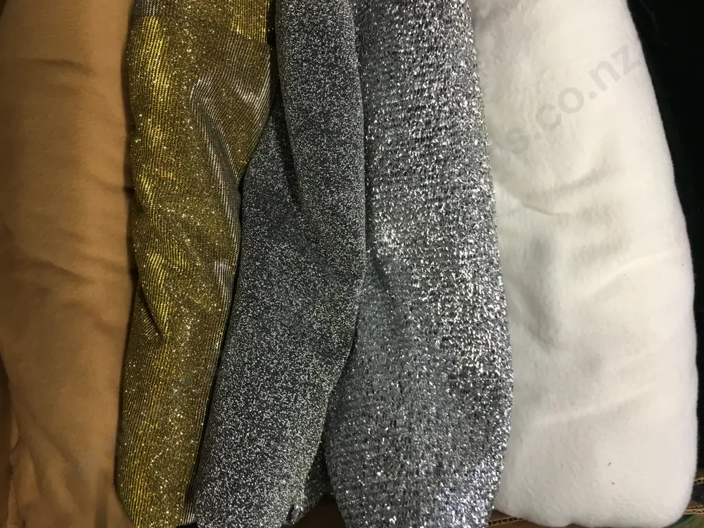 Box Lot Fabric Pieces, Silver & Gold Etc Image 1++