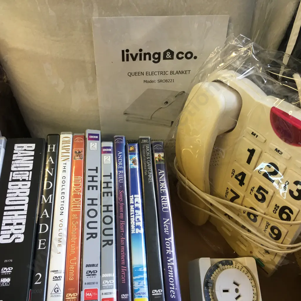 Box Of DVDs, Living & Co Electric Blanket, Phone Etc Image 1++