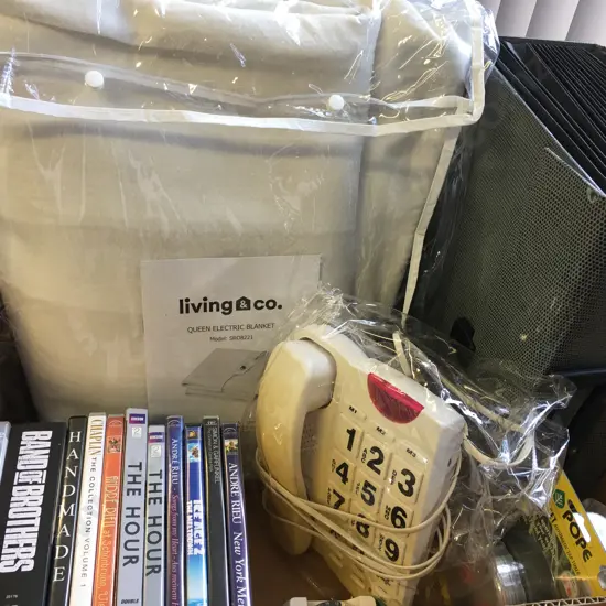 Box Of DVDs, Living & Co Electric Blanket, Phone Etc