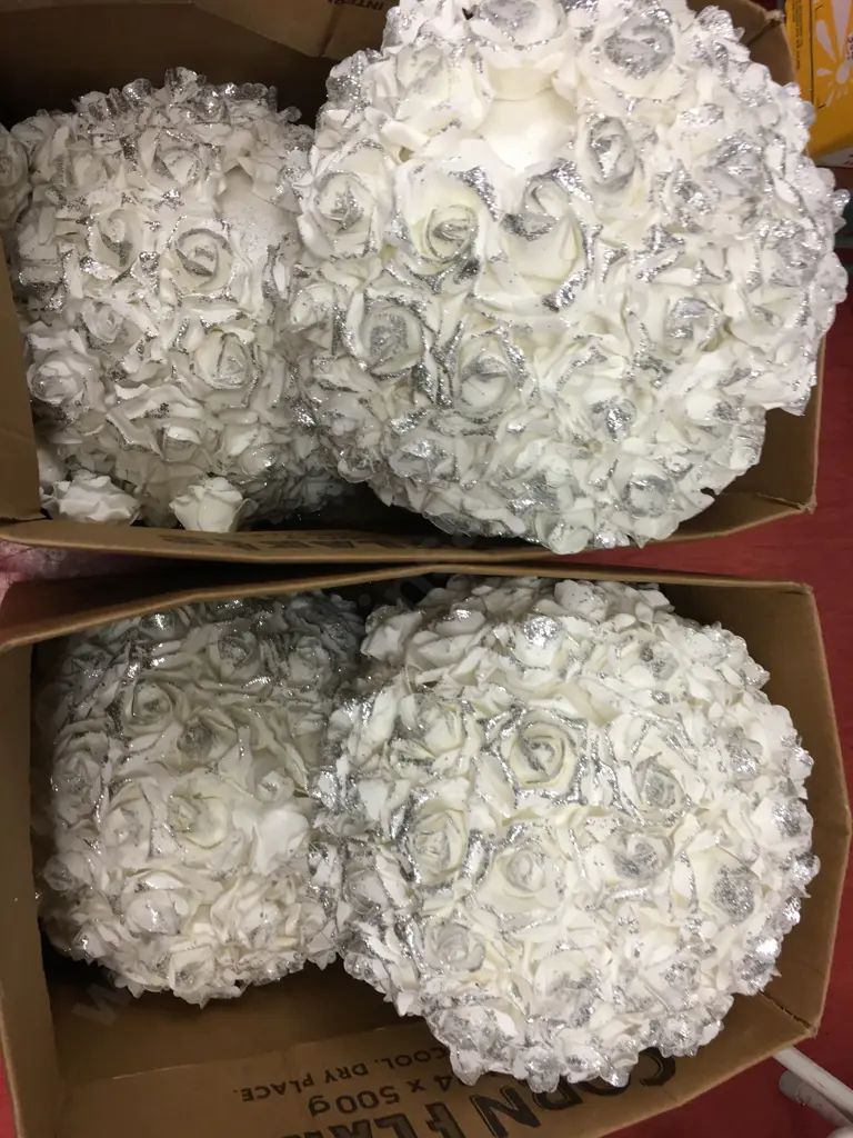 Set of 4 Large Foam Balls With Faux Roses & Silver Glitter. Dia 36cm (As Found) Image 1++