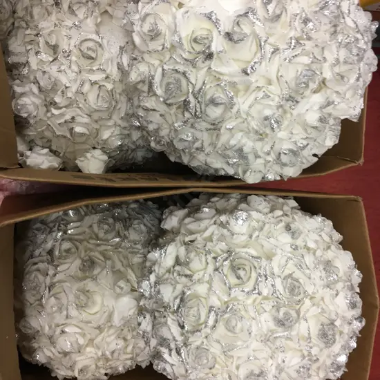 Set of 4 Large Foam Balls With Faux Roses & Silver Glitter. Dia 36cm (As Found)