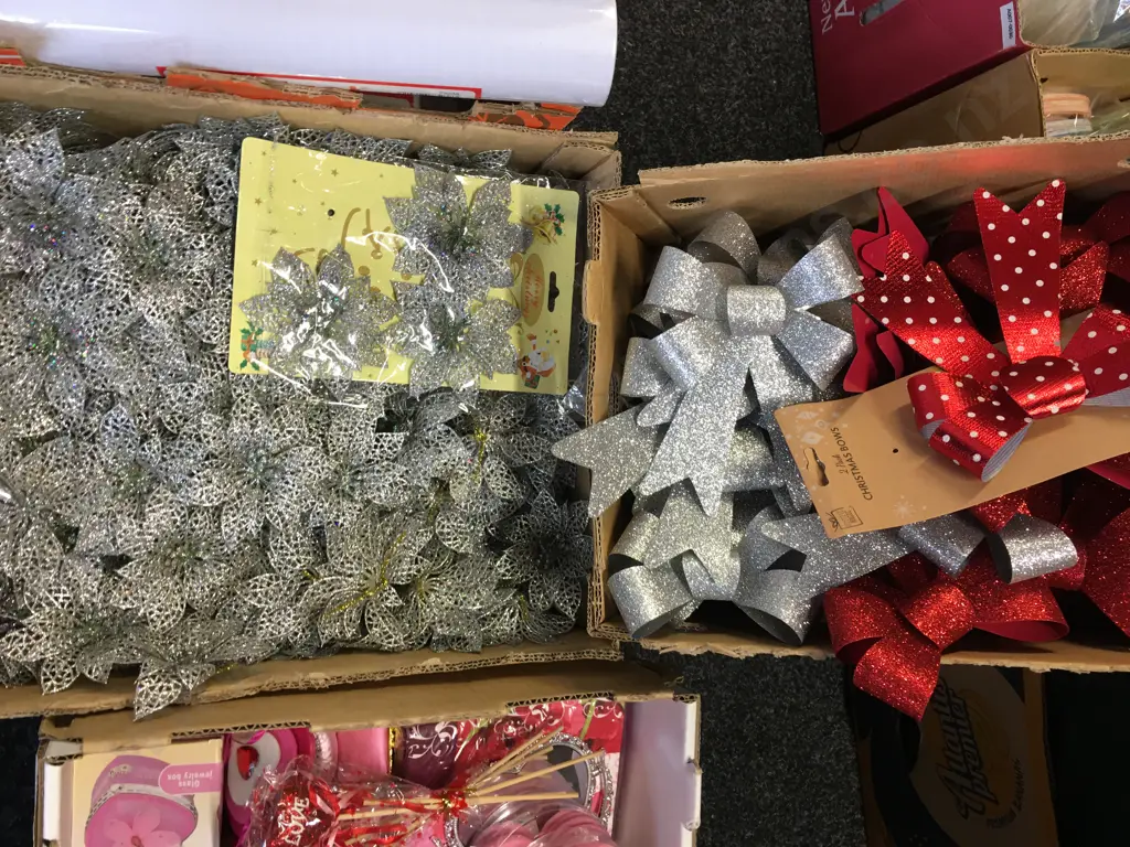 2 x Boxes of Christmas Bows, Flowers Etc Image 1++