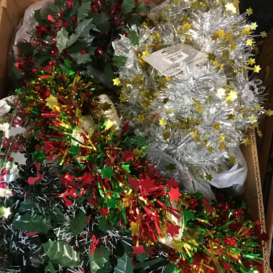 Box Lot Christmas Tinsel, Including Wreath
