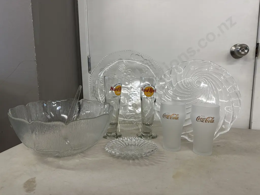 Assorted Glass Ware Items Including Hard Rock Cafe Glasses, Punch Bowl, Platters Etc Image 1++