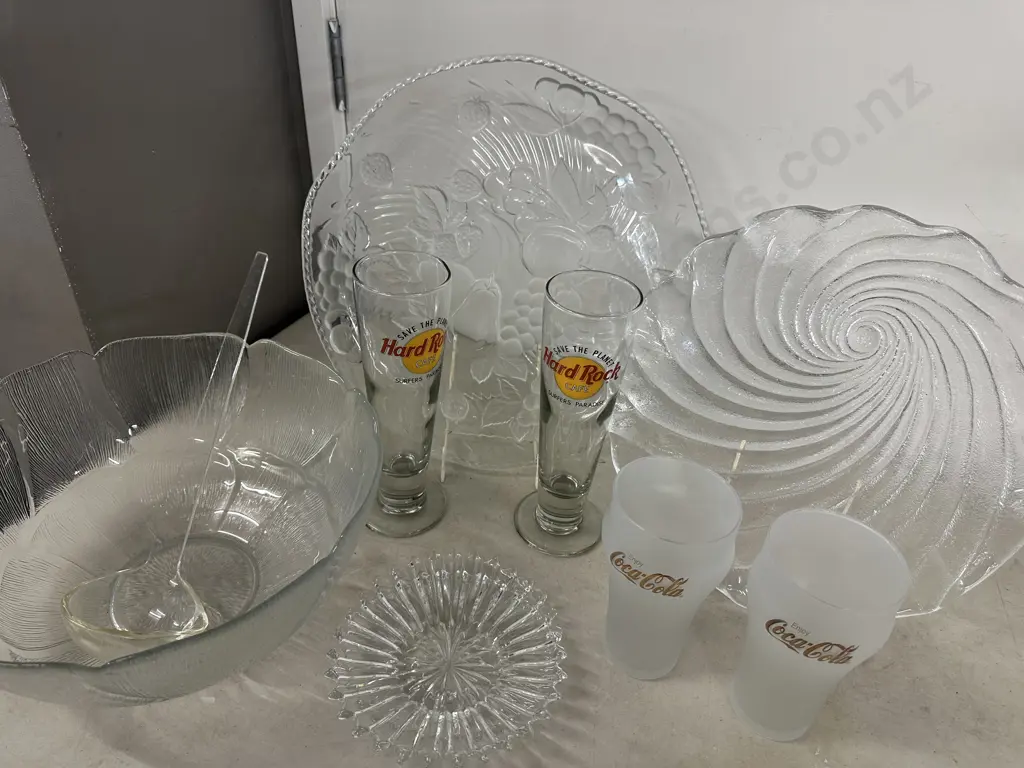 Assorted Glass Ware Items Including Hard Rock Cafe Glasses, Punch Bowl, Platters Etc Image 1++