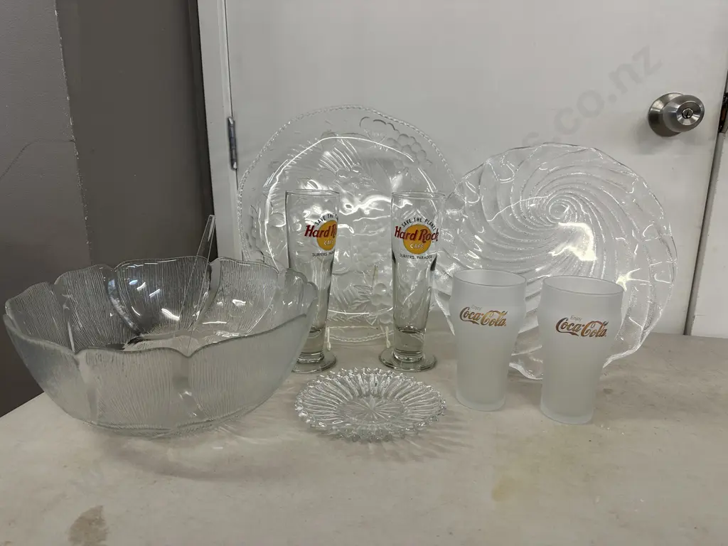 Assorted Glass Ware Items Including Hard Rock Cafe Glasses, Punch Bowl, Platters Etc Image 1++
