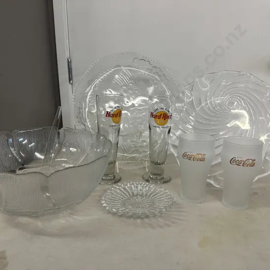 Assorted Glass Ware Items Including Hard Rock Cafe Glasses, Punch Bowl, Platters Etc