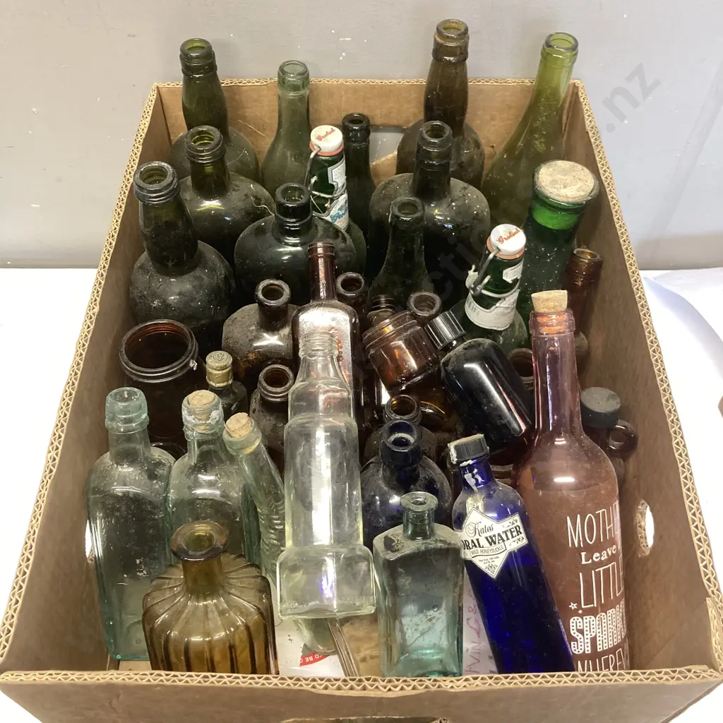 Box Lot Green & Assorted Colour Glass Bottles Etc Image 1++