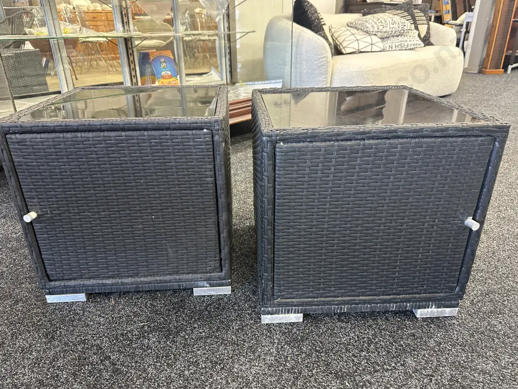 Pair of Square Woven Black Glass Topped Storage Cubes. H48 W48 D49cm Image 1++