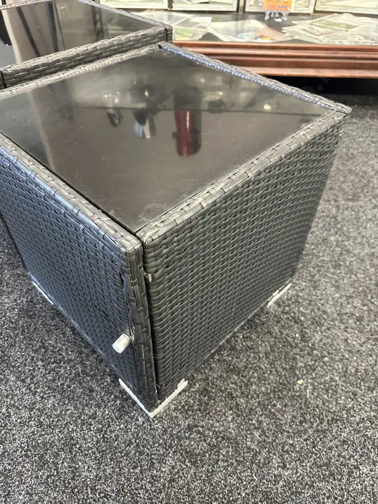 Pair of Square Woven Black Glass Topped Storage Cubes. H48 W48 D49cm Image 1++