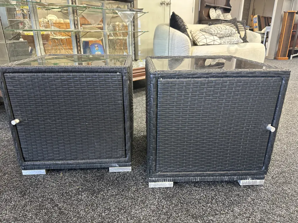 Pair of Square Woven Black Glass Topped Storage Cubes. H48 W48 D49cm Image 1++