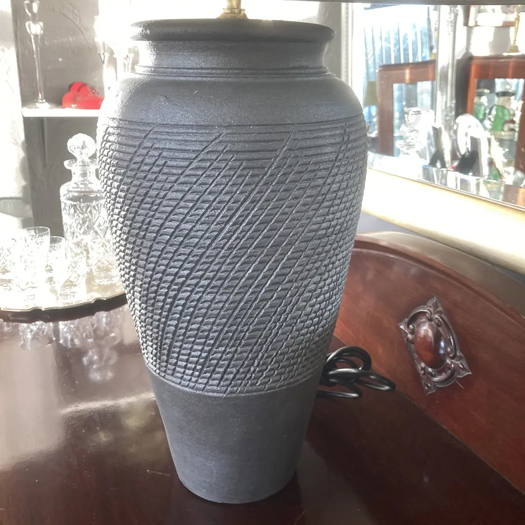 Grey Ceramic Table Lamp With Silver & Grey Coloured Shade. H76cm Image 1++