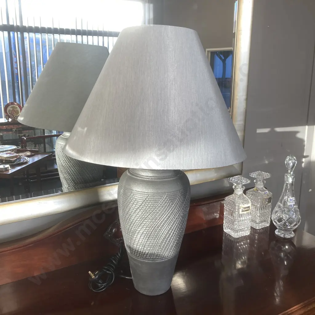 Grey Ceramic Table Lamp With Silver & Grey Coloured Shade. H76cm Image 1++