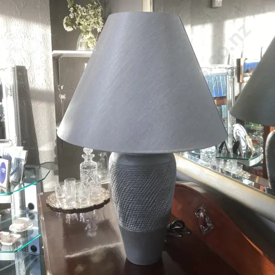 Grey Ceramic Table Lamp With Silver & Grey Coloured Shade. H76cm