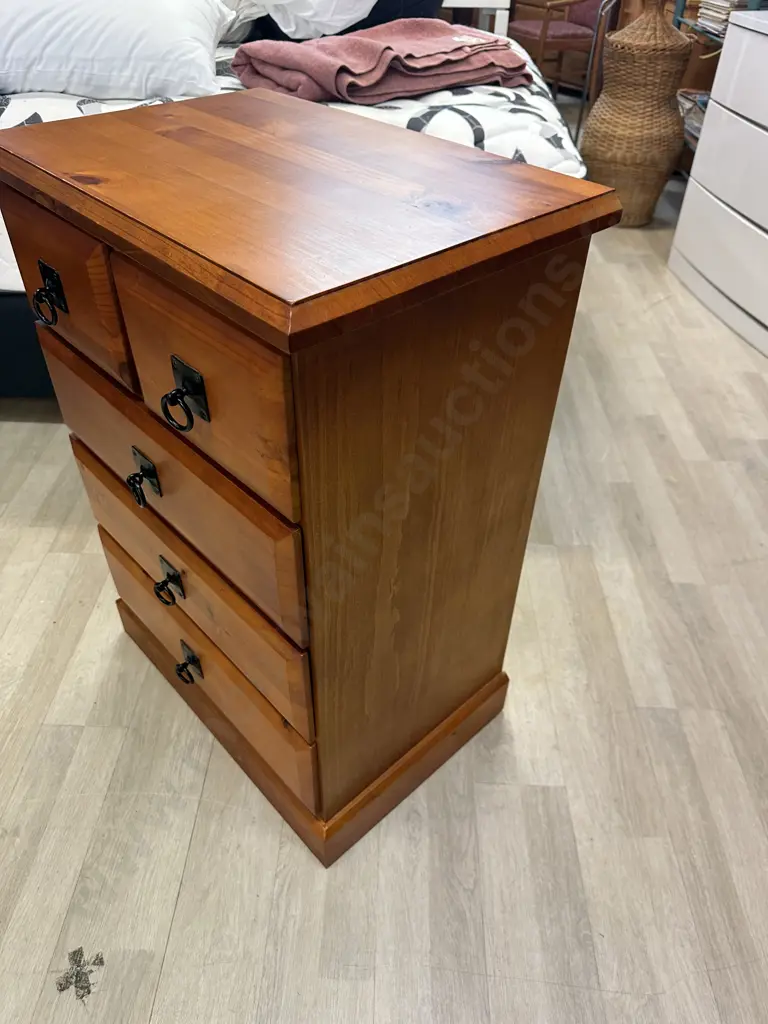 Pine 5 Drawer Lingerie Chest, Black Ring Handles. H85 W60 D40cm Image 1++