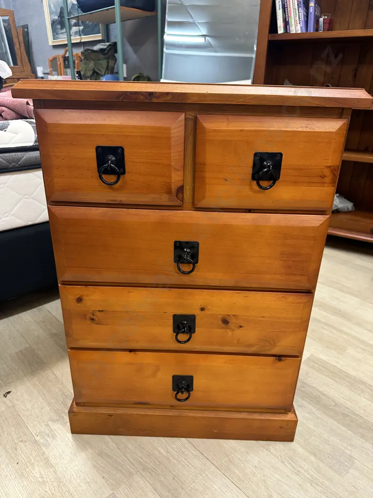 Pine 5 Drawer Lingerie Chest, Black Ring Handles. H85 W60 D40cm Image 1++