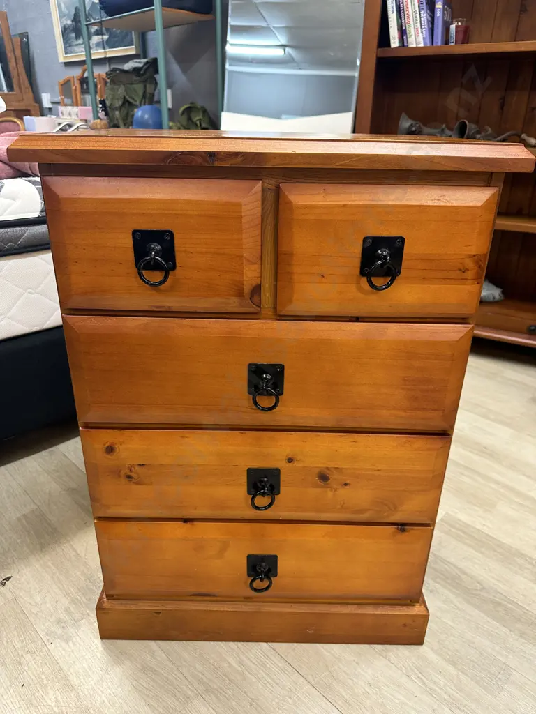 Pine 5 Drawer Lingerie Chest, Black Ring Handles. H85 W60 D40cm Image 1++
