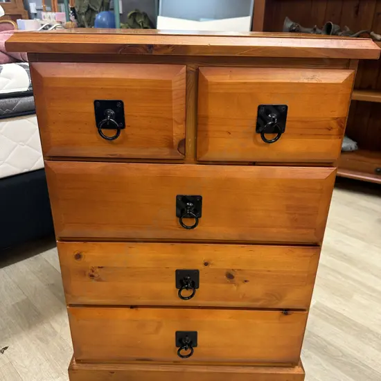 Pine 5 Drawer Lingerie Chest, Black Ring Handles. H85 W60 D40cm
