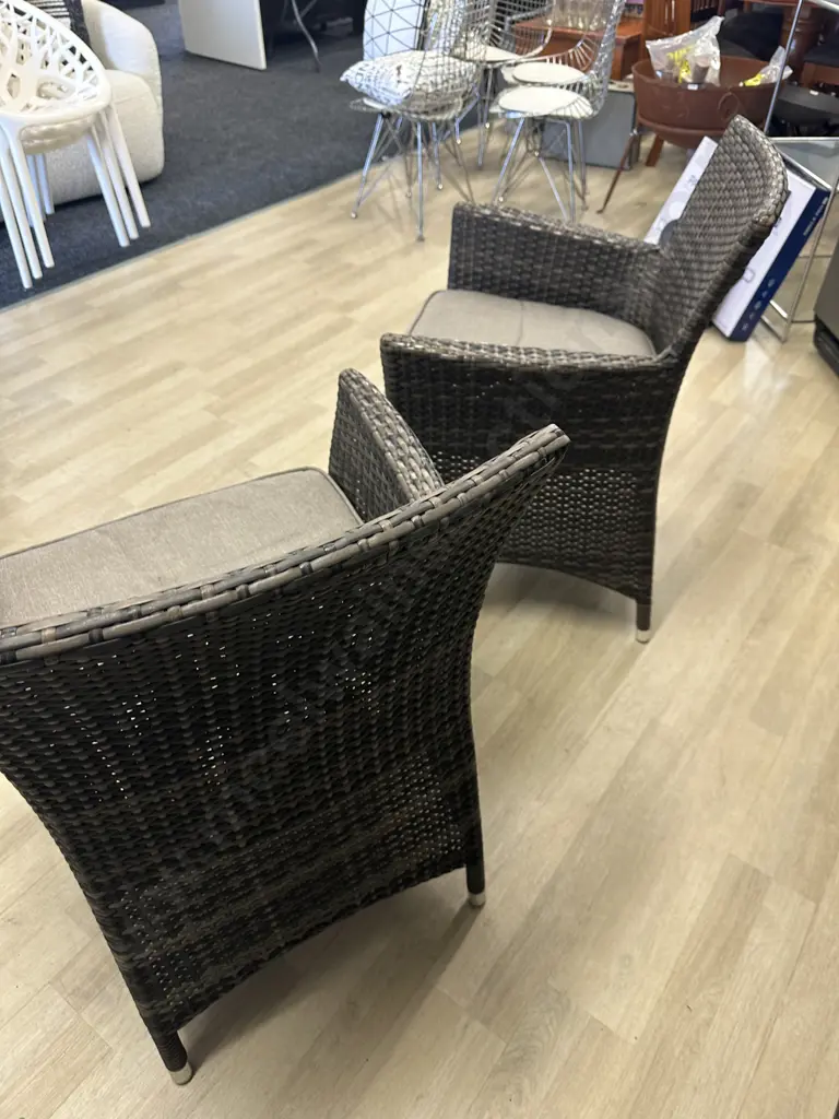 Pair of Brown Woven Armed Resin Wicker Patio Chairs Image 1++