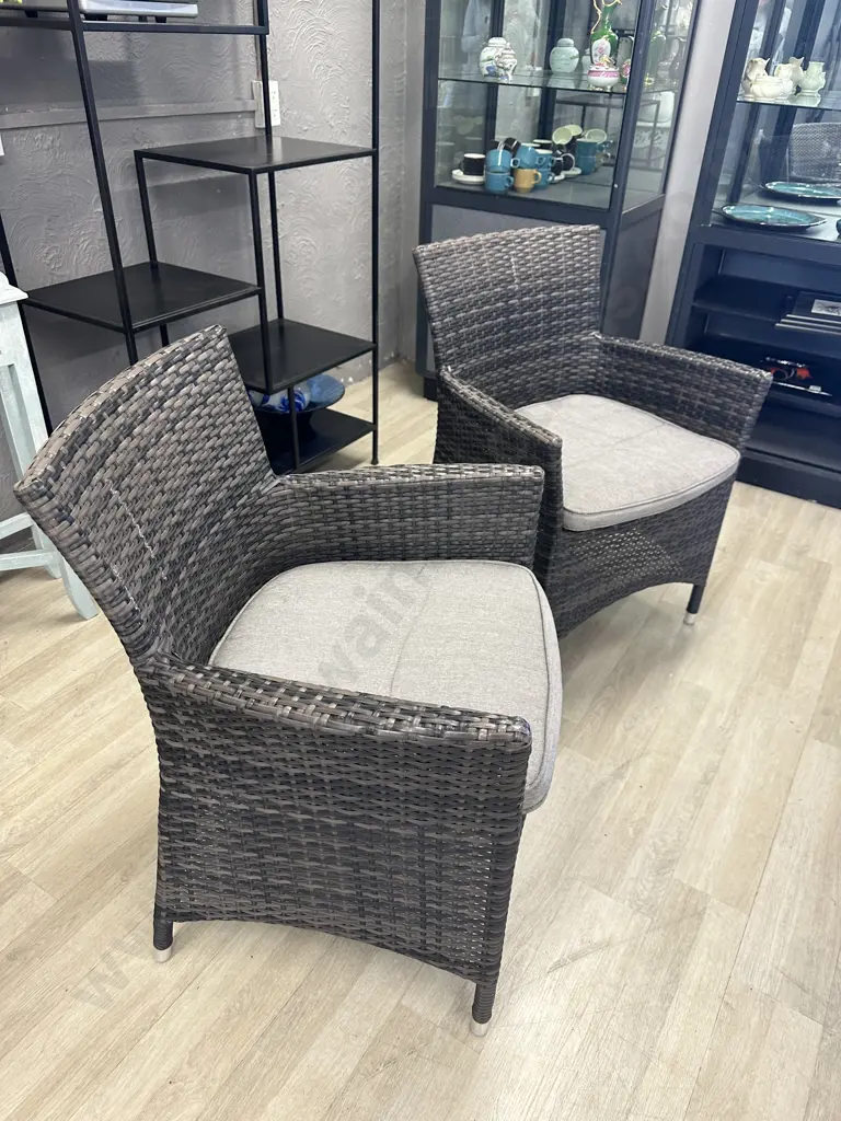 Pair of Brown Woven Armed Resin Wicker Patio Chairs Image 1++