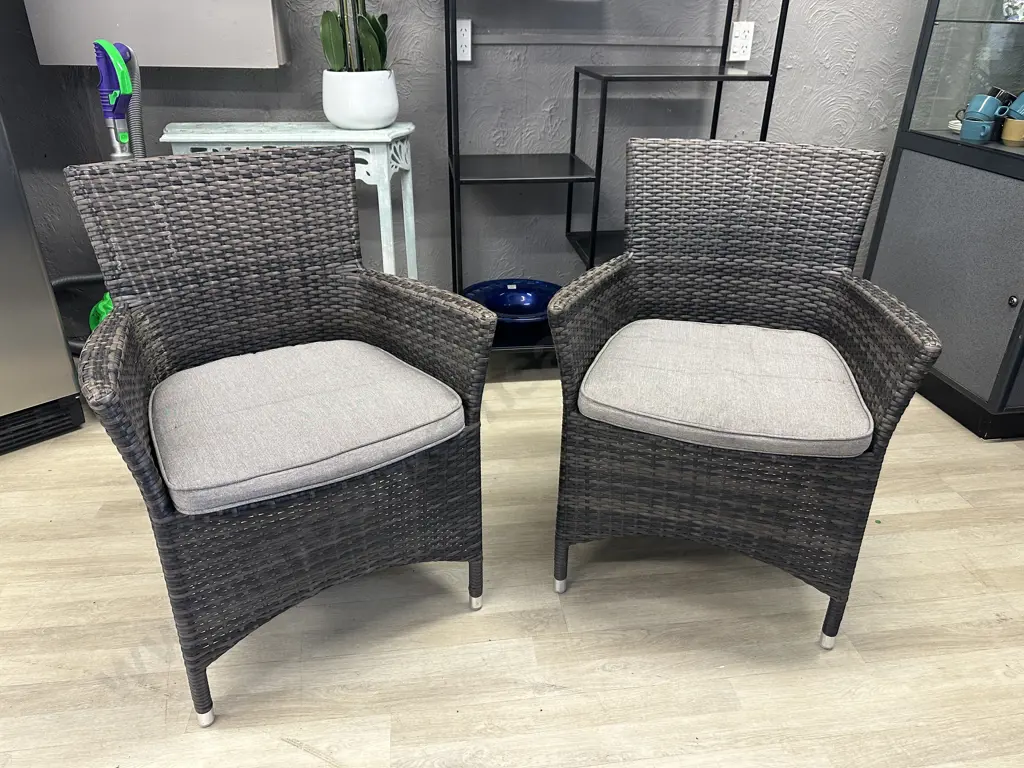 Pair of Brown Woven Armed Resin Wicker Patio Chairs Image 1++