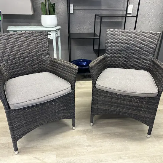 Pair of Brown Woven Armed Resin Wicker Patio Chairs