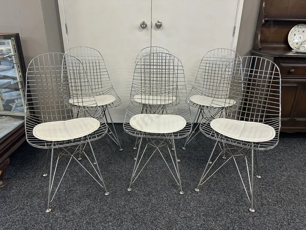 Set of 6 Minimalist Hollowed Out Wire Dining Chairs With Cream Cushions Image 1++