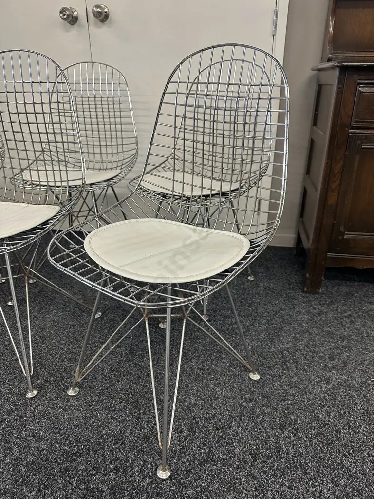 Set of 6 Minimalist Hollowed Out Wire Dining Chairs With Cream Cushions Image 1++