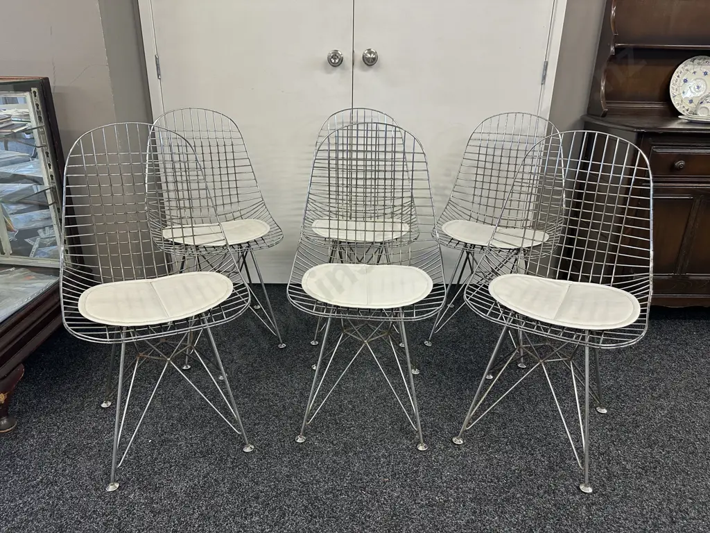 Set of 6 Minimalist Hollowed Out Wire Dining Chairs With Cream Cushions Image 1++
