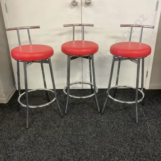 Set of 3 Red Vinyl Mid Back Barstools