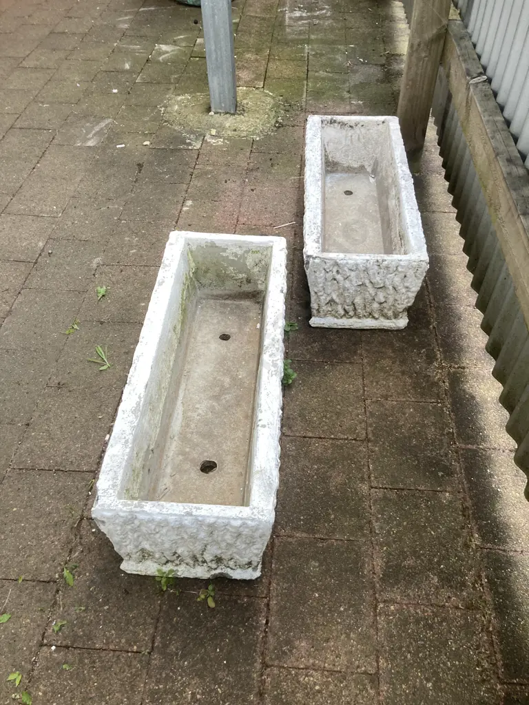 Pair of Vintage Concrete Rectangular Trough Planters. H22 W77 D29cm Image 1++