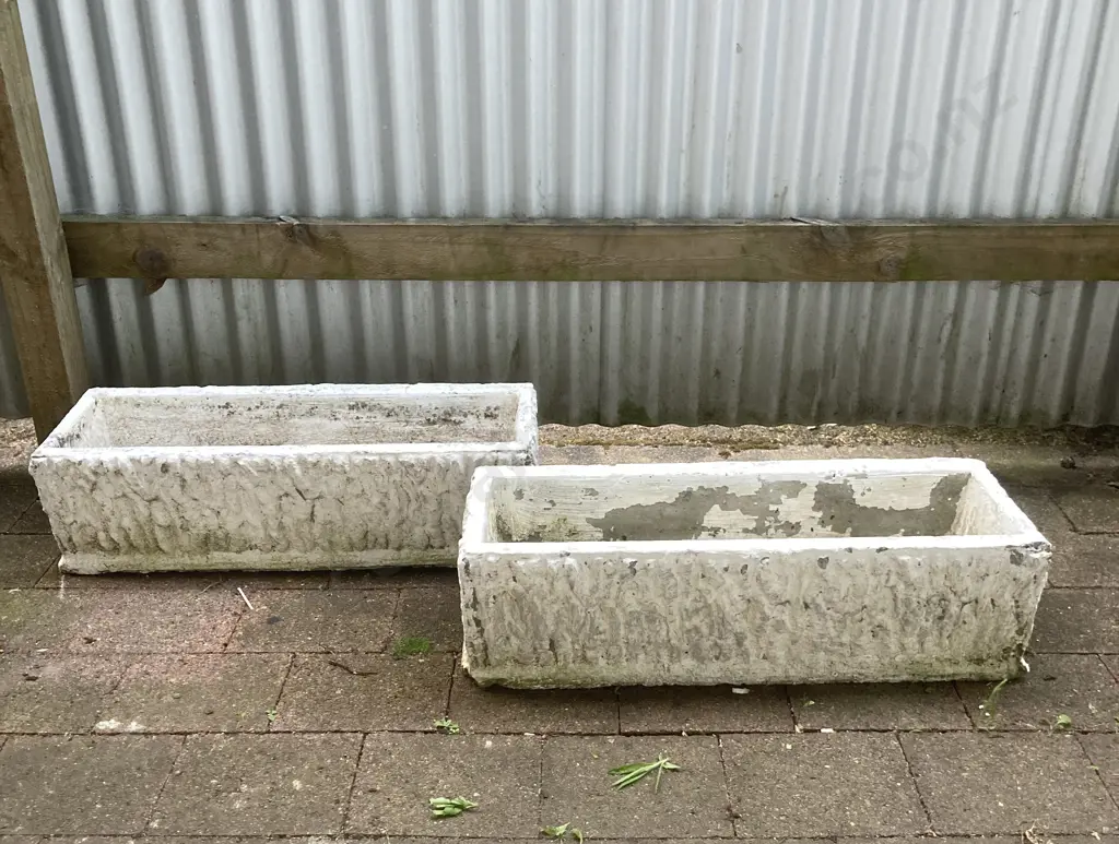 Pair of Vintage Concrete Rectangular Trough Planters. H22 W77 D29cm Image 1++