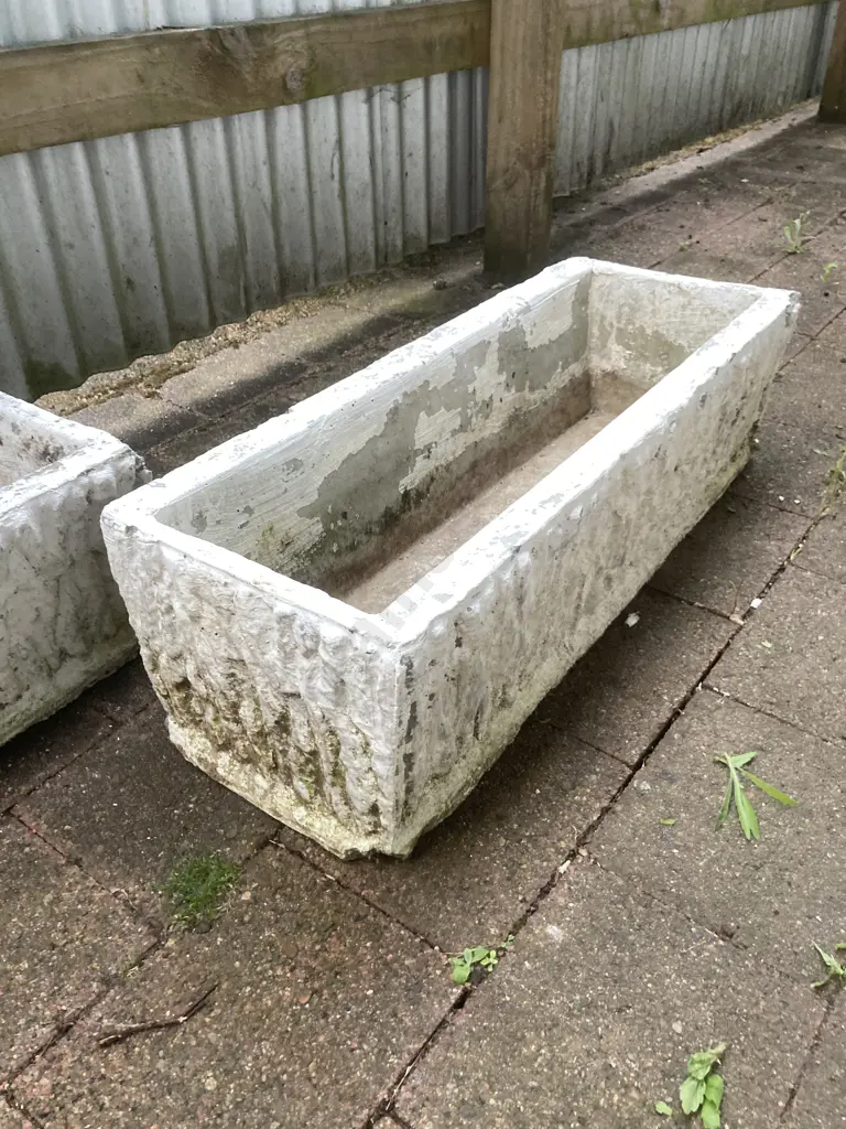 Pair of Vintage Concrete Rectangular Trough Planters. H22 W77 D29cm Image 1++