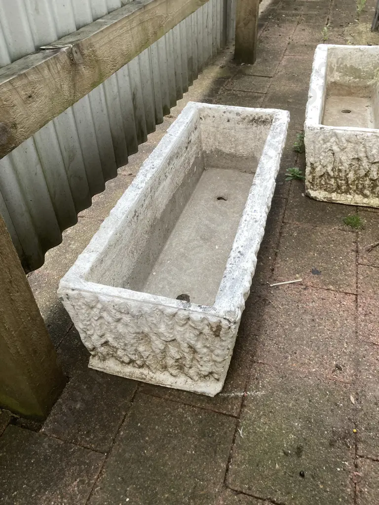 Pair of Vintage Concrete Rectangular Trough Planters. H22 W77 D29cm Image 1++
