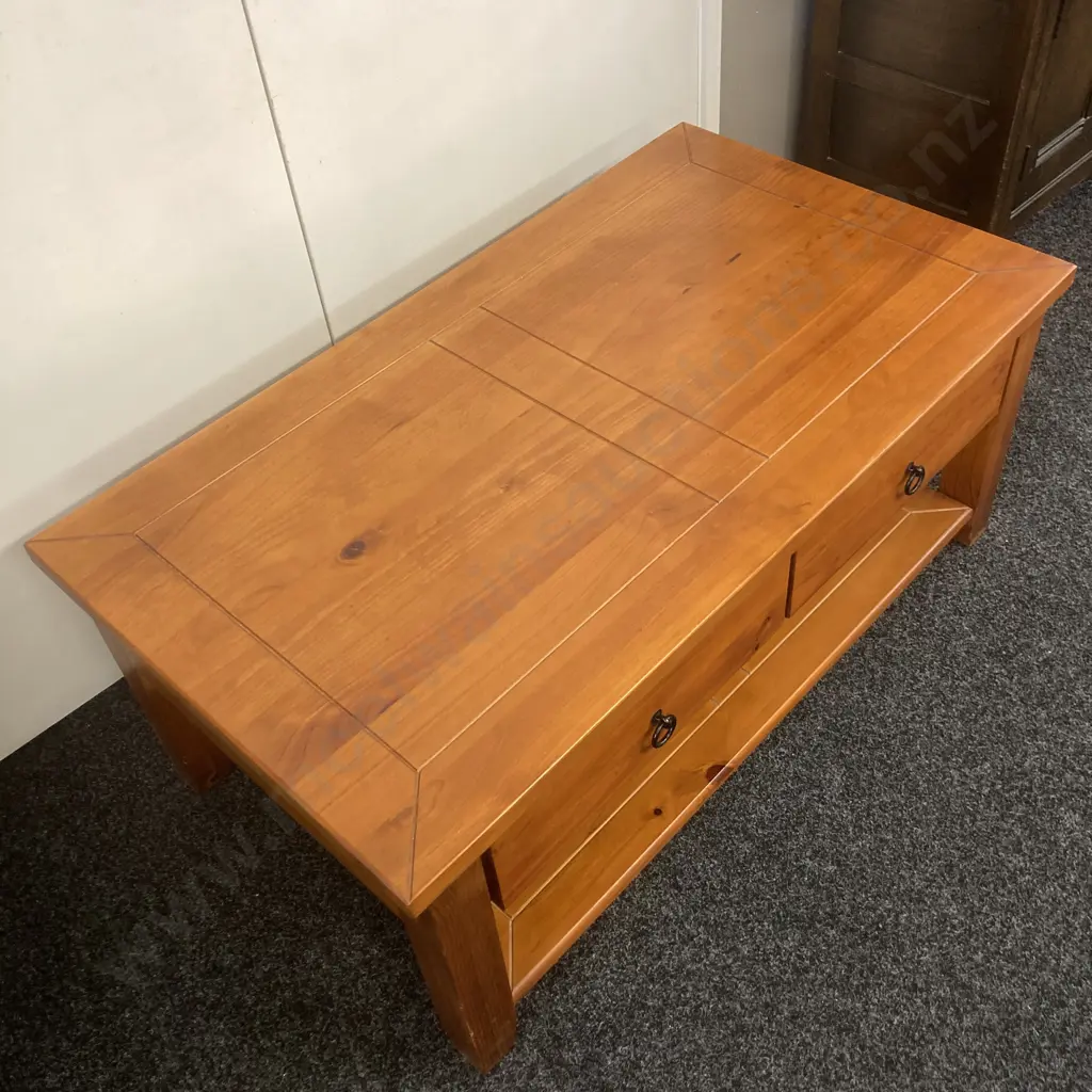 Pine Coffee Table, 2 Drawer With Under Shelf, Black Ring Handles. H48 W65 D115cm Image 1++