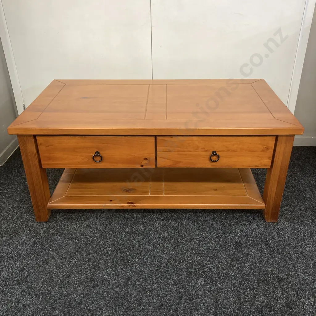 Pine Coffee Table, 2 Drawer With Under Shelf, Black Ring Handles. H48 W65 D115cm Image 1++