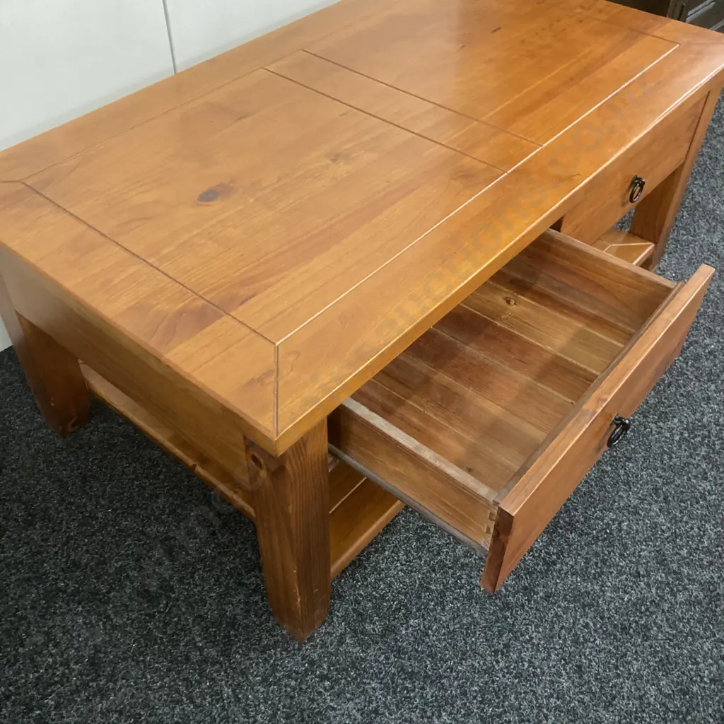Pine Coffee Table, 2 Drawer With Under Shelf, Black Ring Handles. H48 W65 D115cm Image 1++