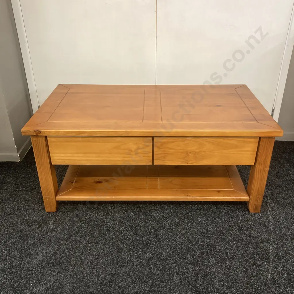 Pine Coffee Table, 2 Drawer With Under Shelf, Black Ring Handles. H48 W65 D115cm Image 1++