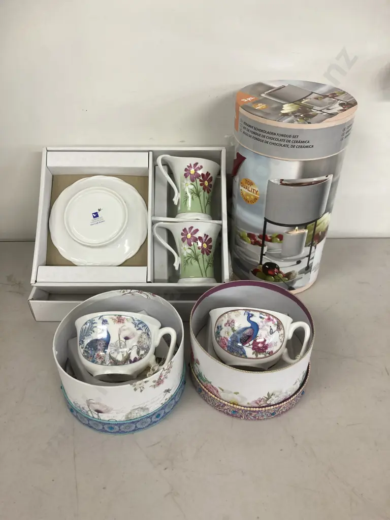 New Boxed Cup & Saucer Sets & 12 Piece White Ceramic Fondue Set Image 1++
